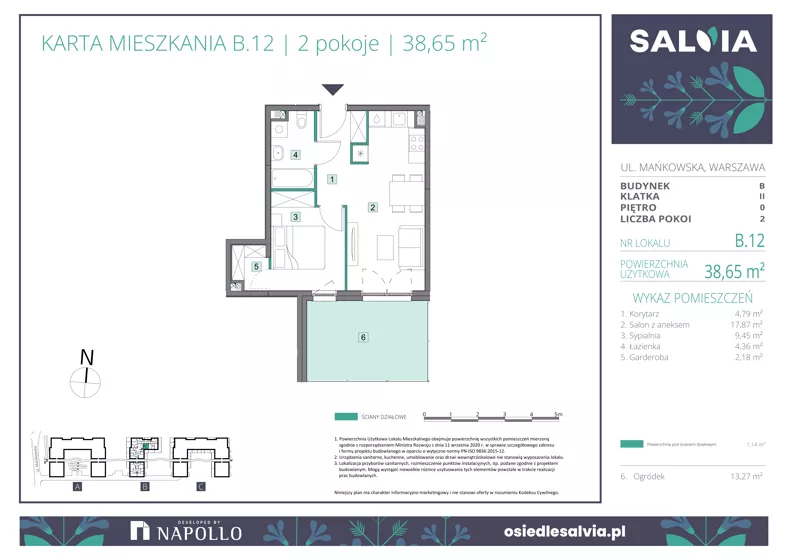 2 pokoje, mieszkanie 38,65 m², parter, oferta nr B.12, Osiedle Salvia, Warszawa, Białołęka, Kobiałka, ul. Mańkowska