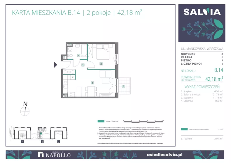 2 pokoje, mieszkanie 42,18 m², piętro 1, oferta nr B.14, Osiedle Salvia, Warszawa, Białołęka, Kobiałka, ul. Mańkowska