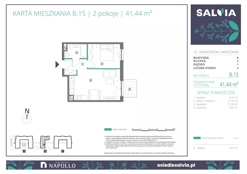 2 pokoje, mieszkanie 41,44 m², piętro 1, oferta nr B.15, Osiedle Salvia, Warszawa, Białołęka, Kobiałka, ul. Mańkowska