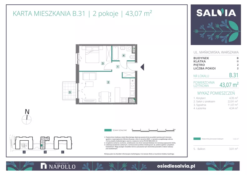 2 pokoje, mieszkanie 43,07 m², piętro 2, oferta nr B.31, Osiedle Salvia, Warszawa, Białołęka, Kobiałka, ul. Mańkowska