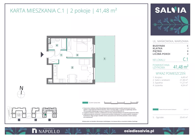 2 pokoje, mieszkanie 41,48 m², parter, oferta nr C.01, Osiedle Salvia, Warszawa, Białołęka, Kobiałka, ul. Mańkowska
