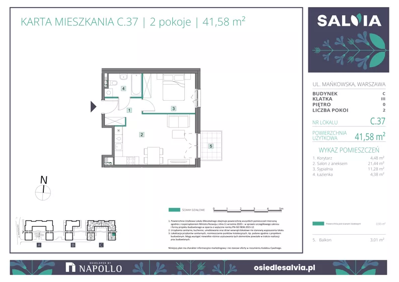 2 pokoje, mieszkanie 41,58 m², parter, oferta nr C.37, Osiedle Salvia, Warszawa, Białołęka, Kobiałka, ul. Mańkowska