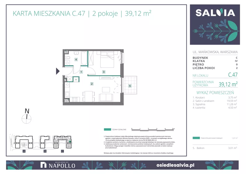 2 pokoje, mieszkanie 39,12 m², parter, oferta nr C.47, Osiedle Salvia, Warszawa, Białołęka, Kobiałka, ul. Mańkowska