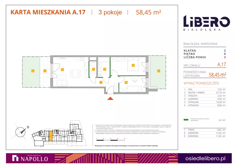 3 pokoje, mieszkanie 58,45 m², parter, oferta nr A.17, Osiedle Libero, Warszawa, Białołęka, Grodzisk, ul. Głębocka