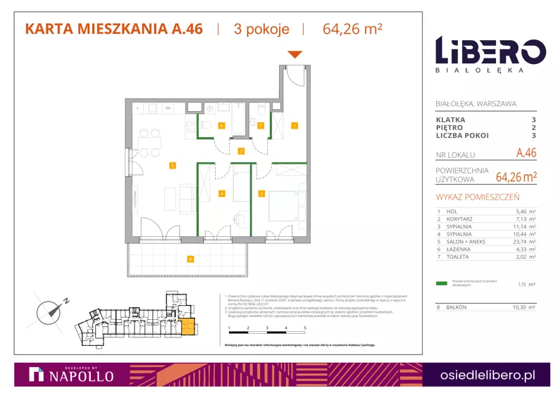 3 pokoje, mieszkanie 64,26 m², piętro 2, oferta nr A.46, Osiedle Libero, Warszawa, Białołęka, Grodzisk, ul. Głębocka