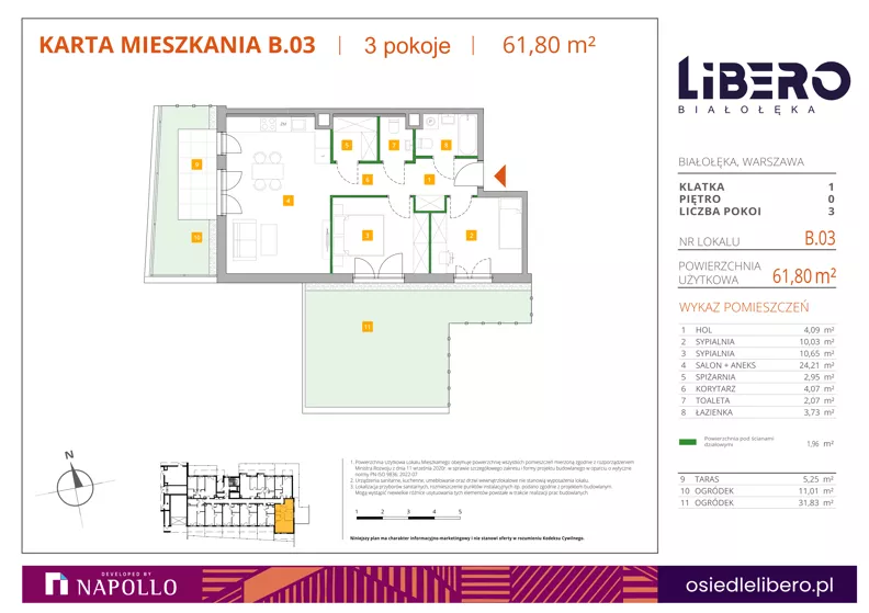3 pokoje, mieszkanie 61,80 m², parter, oferta nr B.03, Osiedle Libero, Warszawa, Białołęka, Grodzisk, ul. Głębocka