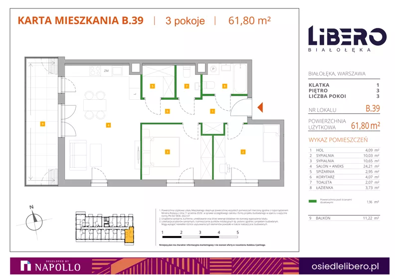 3 pokoje, mieszkanie 61,80 m², piętro 3, oferta nr B.39, Osiedle Libero, Warszawa, Białołęka, Grodzisk, ul. Głębocka