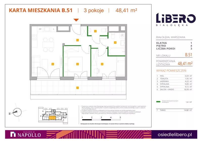 3 pokoje, mieszkanie 48,41 m², piętro 4, oferta nr B.51, Osiedle Libero, Warszawa, Białołęka, Grodzisk, ul. Głębocka