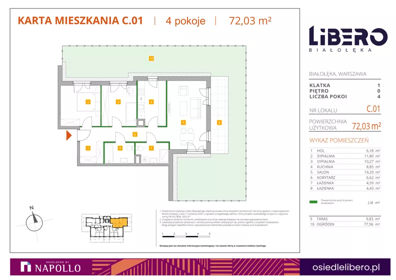 3 pokoje, mieszkanie 71,98 m², parter, oferta nr C.01, Osiedle Libero, Warszawa, Białołęka, Grodzisk, ul. Głębocka