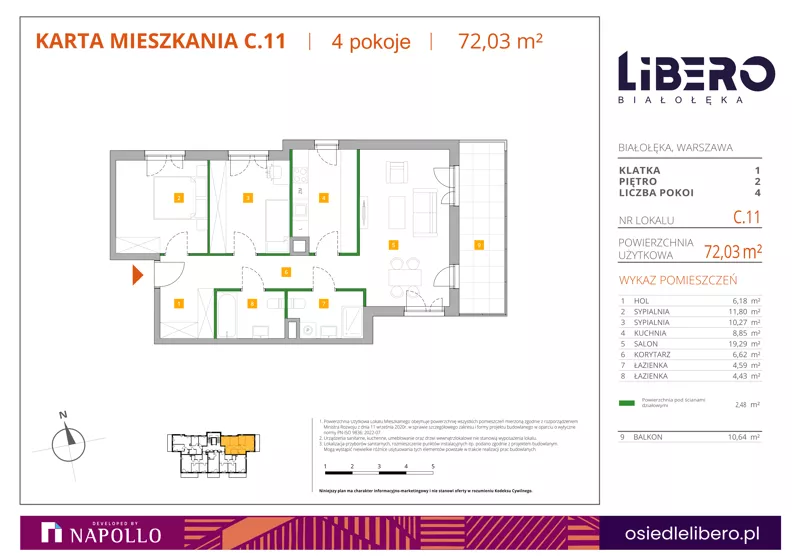 3 pokoje, mieszkanie 72,03 m², piętro 2, oferta nr C.11, Osiedle Libero, Warszawa, Białołęka, Grodzisk, ul. Głębocka