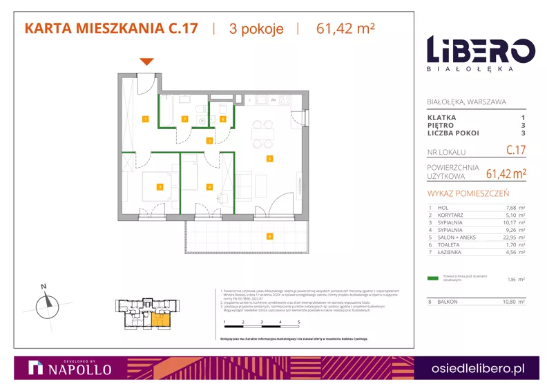 3 pokoje, mieszkanie 61,42 m², piętro 3, oferta nr C.17, Osiedle Libero, Warszawa, Białołęka, Grodzisk, ul. Głębocka