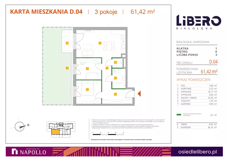 3 pokoje, mieszkanie 61,42 m², parter, oferta nr D.04, Osiedle Libero, Warszawa, Białołęka, Grodzisk, ul. Głębocka