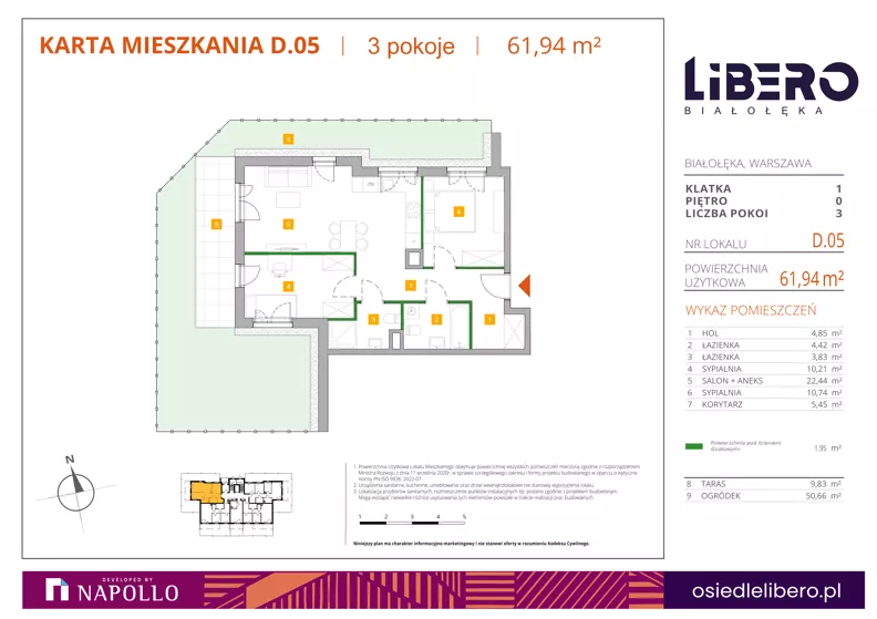 3 pokoje, mieszkanie 61,94 m², parter, oferta nr D.05, Osiedle Libero, Warszawa, Białołęka, Grodzisk, ul. Głębocka