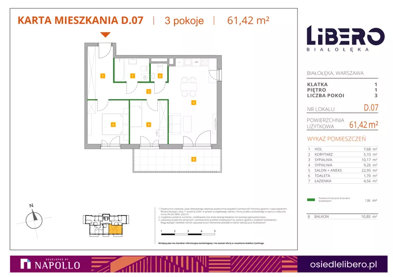 3 pokoje, mieszkanie 61,42 m², piętro 1, oferta nr D.07, Osiedle Libero, Warszawa, Białołęka, Grodzisk, ul. Głębocka