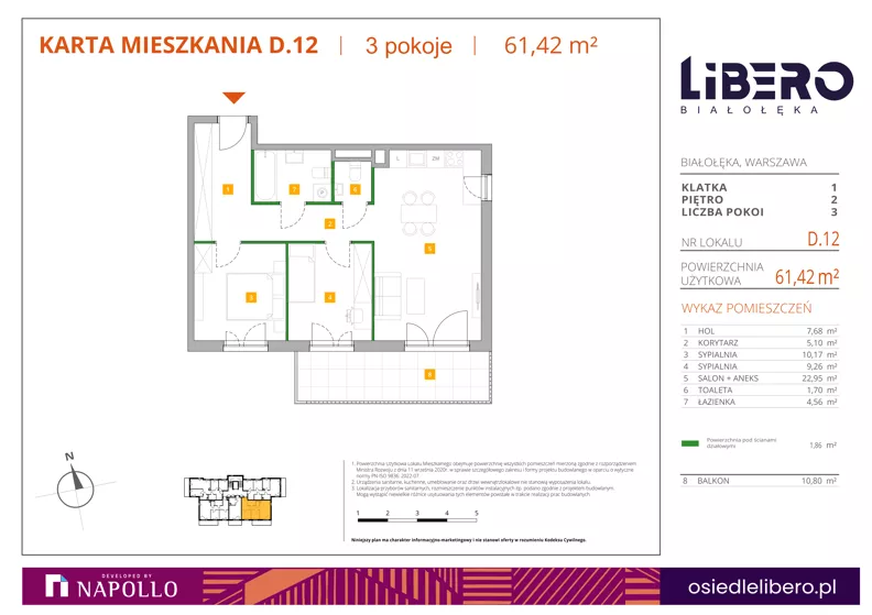 3 pokoje, mieszkanie 61,42 m², piętro 2, oferta nr D.12, Osiedle Libero, Warszawa, Białołęka, Grodzisk, ul. Głębocka