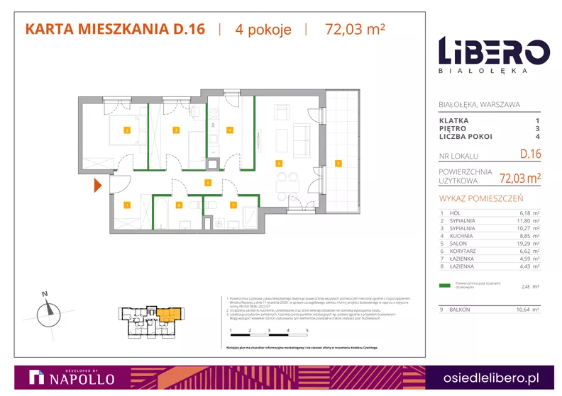 3 pokoje, mieszkanie 72,03 m², piętro 3, oferta nr D.16, Osiedle Libero, Warszawa, Białołęka, Grodzisk, ul. Głębocka