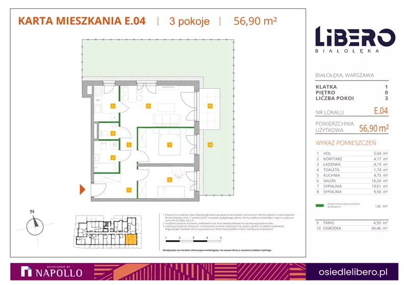 3 pokoje, mieszkanie 56,90 m², parter, oferta nr E.04, Osiedle Libero, Warszawa, Białołęka, Grodzisk, ul. Głębocka