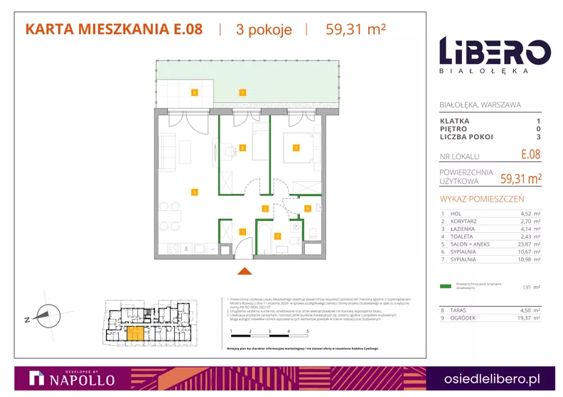 3 pokoje, mieszkanie 59,21 m², parter, oferta nr E.08, Osiedle Libero, Warszawa, Białołęka, Grodzisk, ul. Głębocka