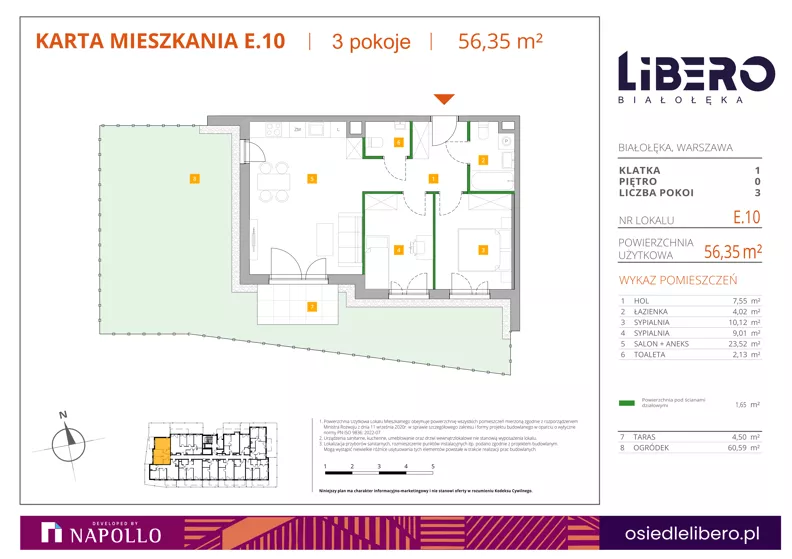3 pokoje, mieszkanie 56,35 m², parter, oferta nr E.10, Osiedle Libero, Warszawa, Białołęka, Grodzisk, ul. Głębocka
