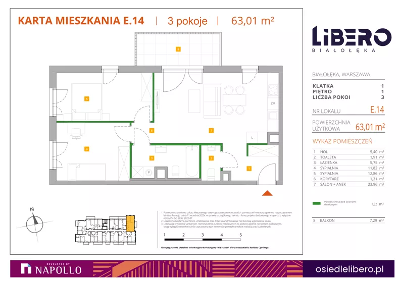 3 pokoje, mieszkanie 63,01 m², piętro 1, oferta nr E.14, Osiedle Libero, Warszawa, Białołęka, Grodzisk, ul. Głębocka