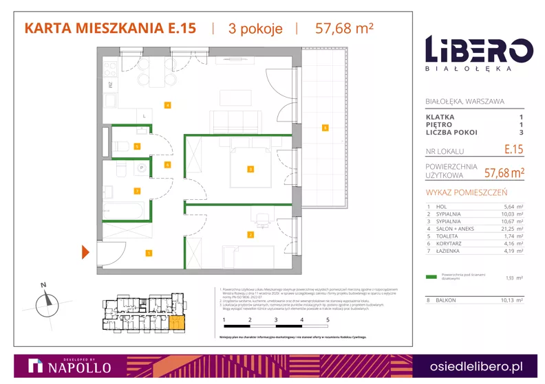 3 pokoje, mieszkanie 57,55 m², piętro 1, oferta nr E.15, Osiedle Libero, Warszawa, Białołęka, Grodzisk, ul. Głębocka