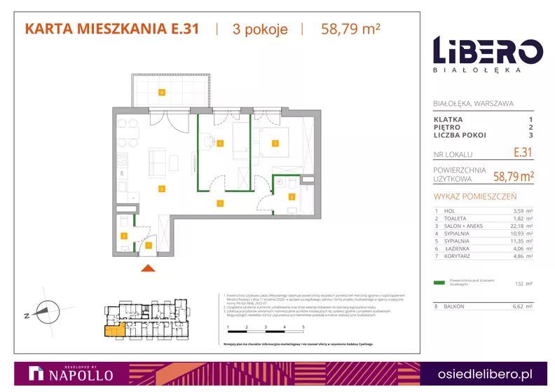 3 pokoje, mieszkanie 58,66 m², piętro 2, oferta nr E.31, Osiedle Libero, Warszawa, Białołęka, Grodzisk, ul. Głębocka