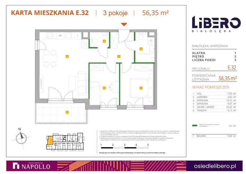 3 pokoje, mieszkanie 56,35 m², piętro 2, oferta nr E.32, Osiedle Libero, Warszawa, Białołęka, Grodzisk, ul. Głębocka