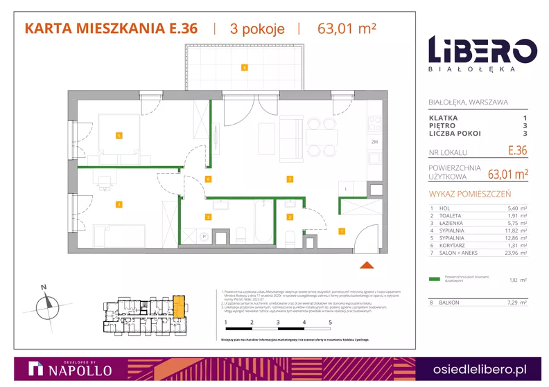 3 pokoje, mieszkanie 63,01 m², piętro 3, oferta nr E.36, Osiedle Libero, Warszawa, Białołęka, Grodzisk, ul. Głębocka