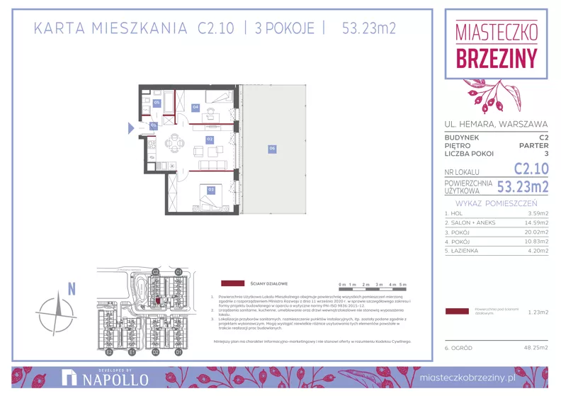 3 pokoje, mieszkanie 53,24 m², parter, oferta nr C2.10, Miasteczko Brzeziny II, Warszawa, Białołęka, Brzeziny, ul. Hemara