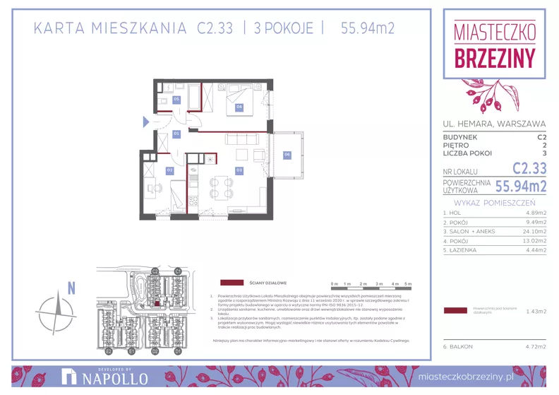 3 pokoje, mieszkanie 55,80 m², piętro 2, oferta nr C2.33, Miasteczko Brzeziny II, Warszawa, Białołęka, Brzeziny, ul. Hemara