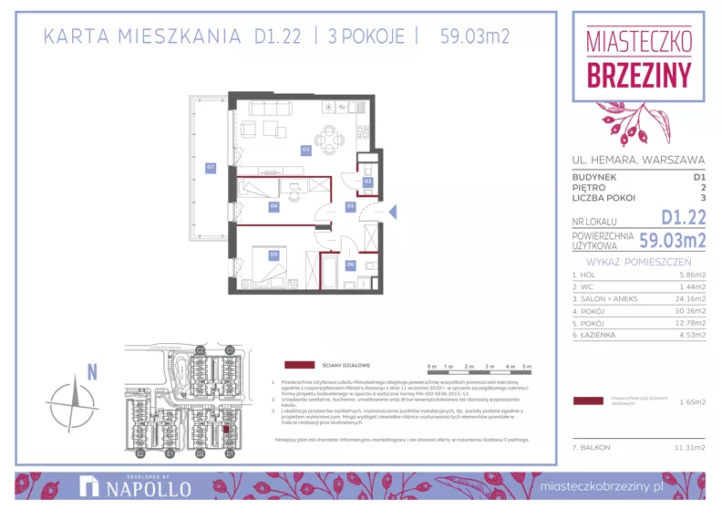 3 pokoje, mieszkanie 59,06 m², piętro 2, oferta nr D1.22, Miasteczko Brzeziny II, Warszawa, Białołęka, Brzeziny, ul. Hemara