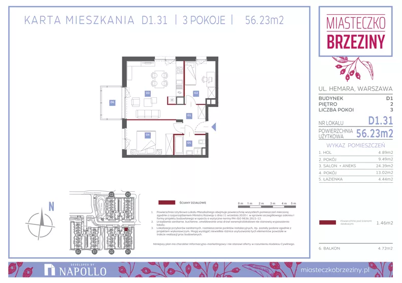 3 pokoje, mieszkanie 56,31 m², piętro 2, oferta nr D1.31, Miasteczko Brzeziny II, Warszawa, Białołęka, Brzeziny, ul. Hemara