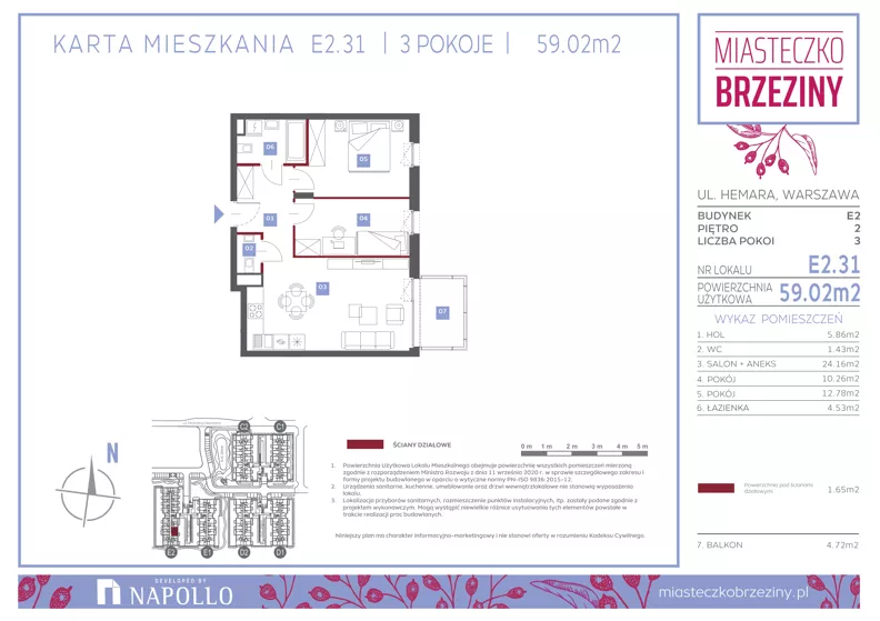 3 pokoje, mieszkanie 58,85 m², piętro 2, oferta nr E2.31, Miasteczko Brzeziny II, Warszawa, Białołęka, Brzeziny, ul. Hemara