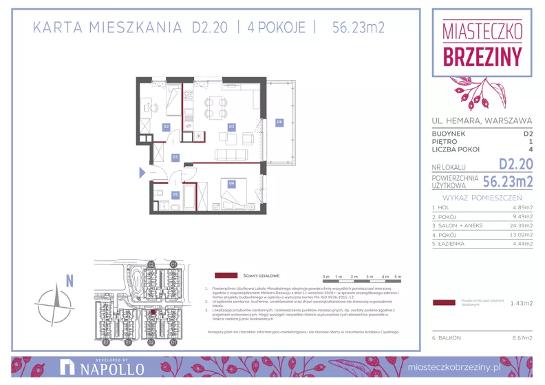 3 pokoje, mieszkanie 56,14 m², piętro 1, oferta nr D2.20, Miasteczko Brzeziny II, Warszawa, Białołęka, Brzeziny, ul. Hemara