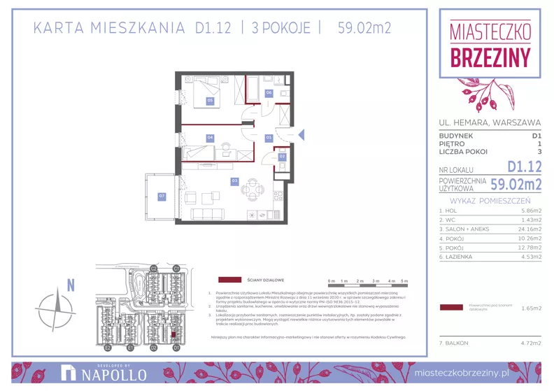 3 pokoje, mieszkanie 59,04 m², piętro 1, oferta nr D1.12, Miasteczko Brzeziny II, Warszawa, Białołęka, Brzeziny, ul. Hemara