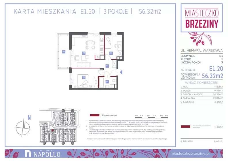 3 pokoje, mieszkanie 56,17 m², piętro 1, oferta nr E1.20, Miasteczko Brzeziny II, Warszawa, Białołęka, Brzeziny, ul. Hemara