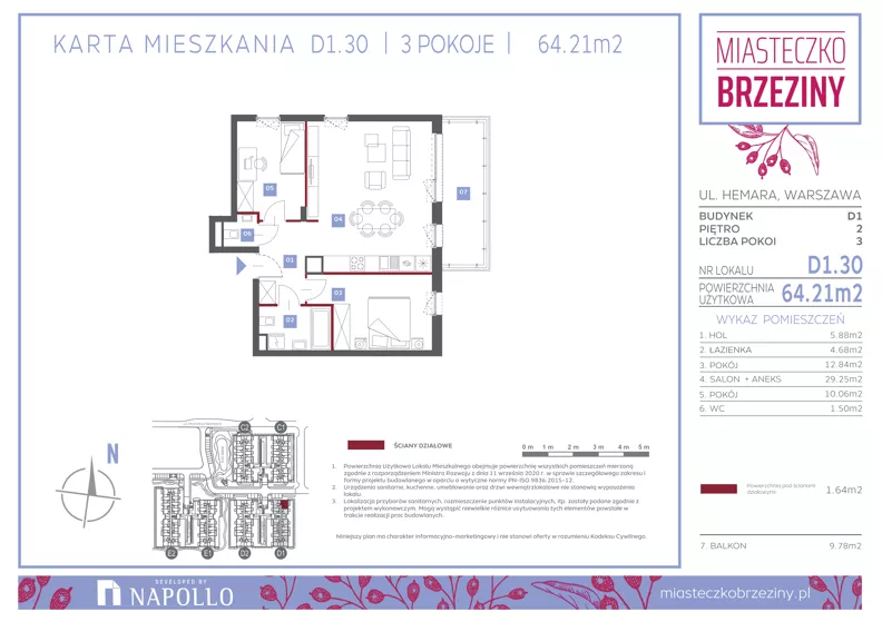 3 pokoje, mieszkanie 64,28 m², piętro 2, oferta nr D1.30, Miasteczko Brzeziny II, Warszawa, Białołęka, Brzeziny, ul. Hemara
