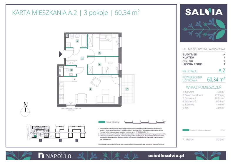 3 pokoje, mieszkanie 60,34 m², parter, oferta nr A.02, Osiedle Salvia, Warszawa, Białołęka, Kobiałka, ul. Mańkowska
