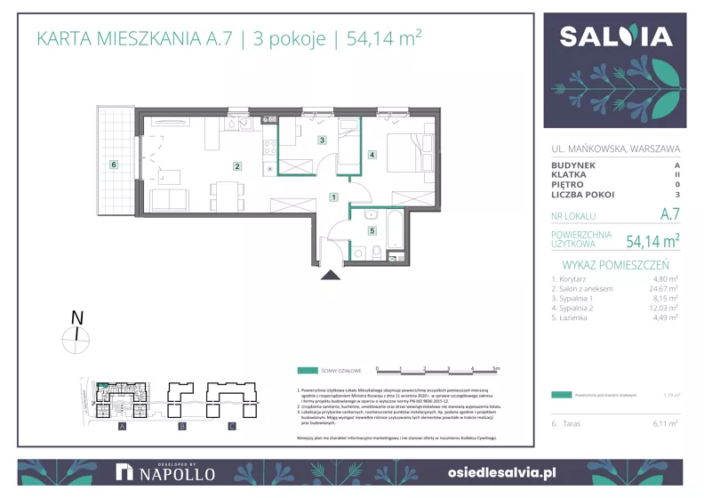3 pokoje, mieszkanie 54,14 m², parter, oferta nr A.07, Osiedle Salvia, Warszawa, Białołęka, Kobiałka, ul. Mańkowska