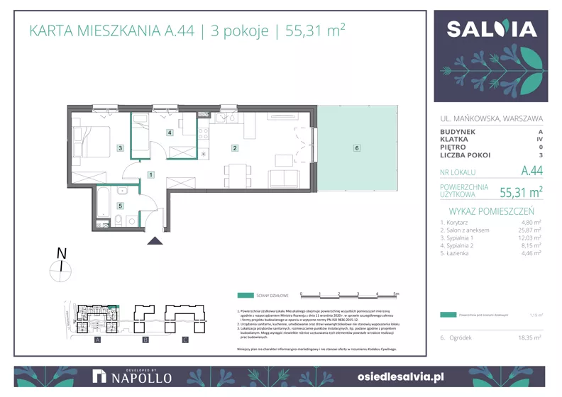 3 pokoje, mieszkanie 55,31 m², parter, oferta nr A.44, Osiedle Salvia, Warszawa, Białołęka, Kobiałka, ul. Mańkowska