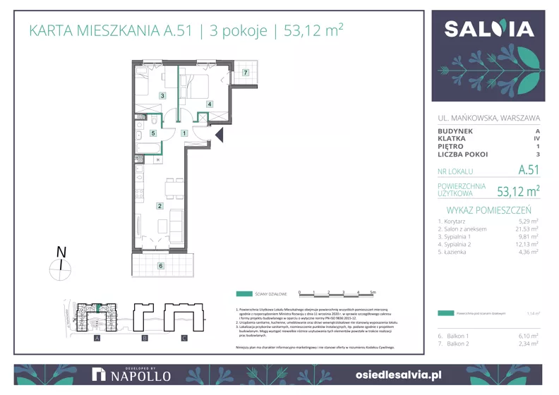 3 pokoje, mieszkanie 53,12 m², piętro 1, oferta nr A.51, Osiedle Salvia, Warszawa, Białołęka, Kobiałka, ul. Mańkowska