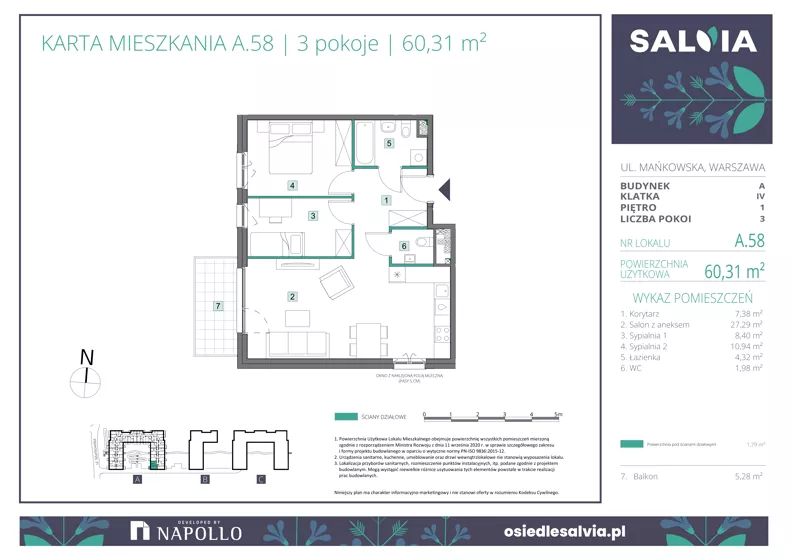 3 pokoje, mieszkanie 60,31 m², piętro 1, oferta nr A.58, Osiedle Salvia, Warszawa, Białołęka, Kobiałka, ul. Mańkowska
