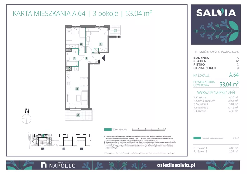 3 pokoje, mieszkanie 53,04 m², piętro 2, oferta nr A.64, Osiedle Salvia, Warszawa, Białołęka, Kobiałka, ul. Mańkowska