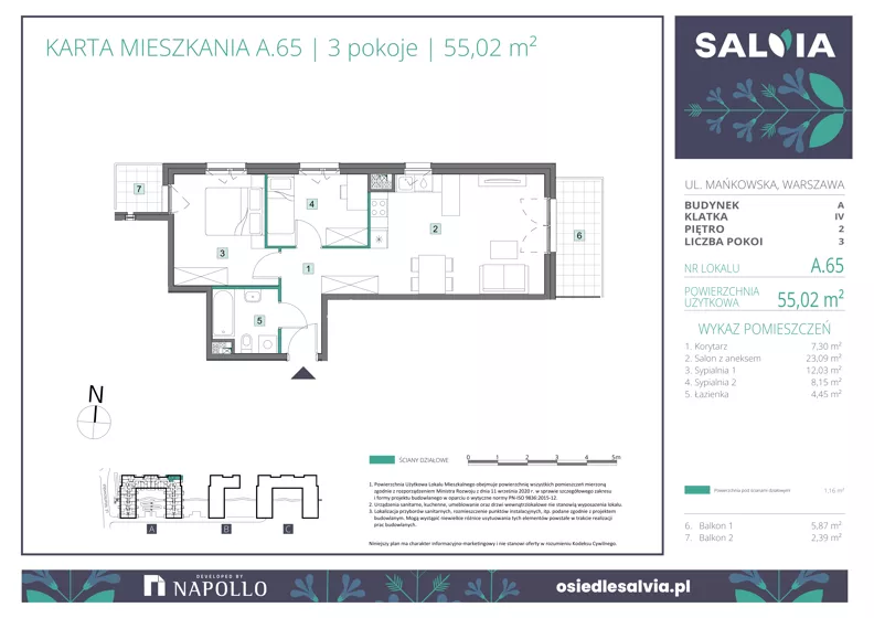 3 pokoje, mieszkanie 55,02 m², piętro 2, oferta nr A.65, Osiedle Salvia, Warszawa, Białołęka, Kobiałka, ul. Mańkowska