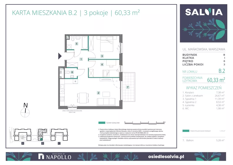 3 pokoje, mieszkanie 60,33 m², parter, oferta nr B.02, Osiedle Salvia, Warszawa, Białołęka, Kobiałka, ul. Mańkowska