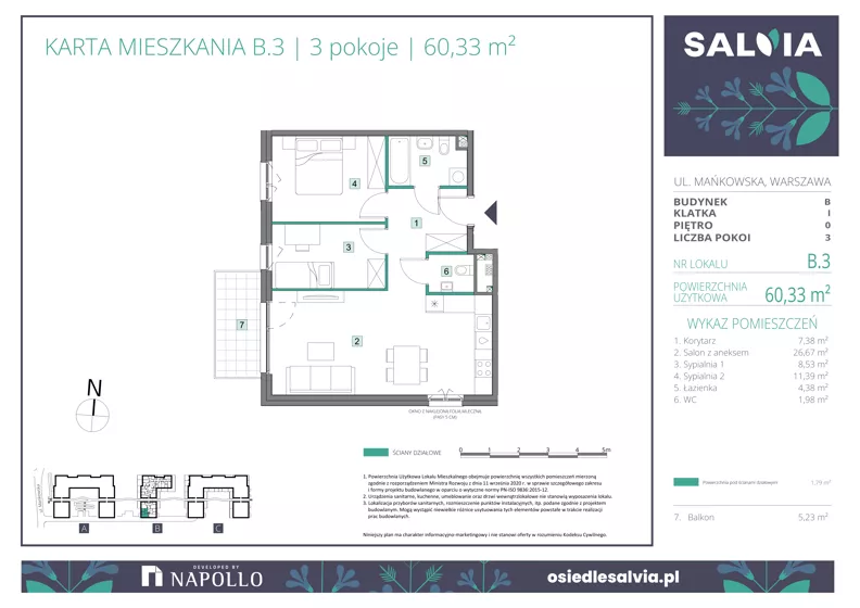 3 pokoje, mieszkanie 60,33 m², parter, oferta nr B.03, Osiedle Salvia, Warszawa, Białołęka, Kobiałka, ul. Mańkowska