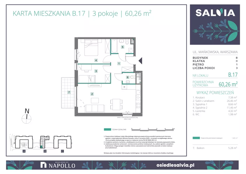 3 pokoje, mieszkanie 60,26 m², piętro 1, oferta nr B.17, Osiedle Salvia, Warszawa, Białołęka, Kobiałka, ul. Mańkowska