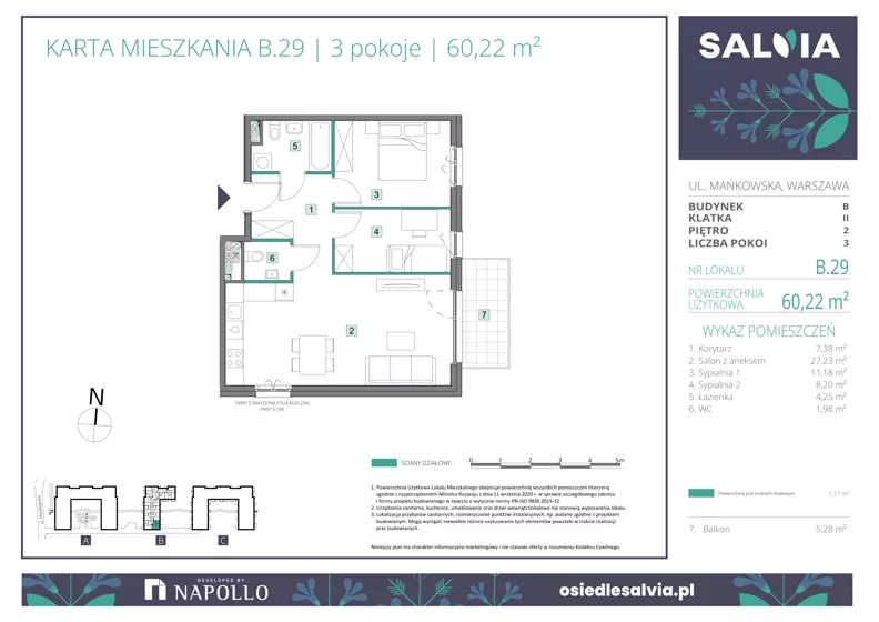 3 pokoje, mieszkanie 60,22 m², piętro 2, oferta nr B.29, Osiedle Salvia, Warszawa, Białołęka, Kobiałka, ul. Mańkowska