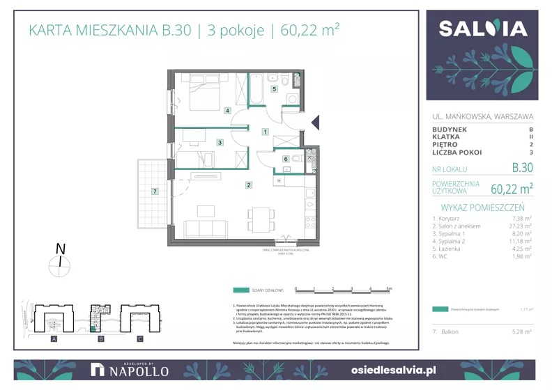 3 pokoje, mieszkanie 60,22 m², piętro 2, oferta nr B.30, Osiedle Salvia, Warszawa, Białołęka, Kobiałka, ul. Mańkowska