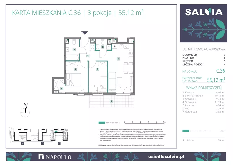 3 pokoje, mieszkanie 55,12 m², piętro 2, oferta nr C.36, Osiedle Salvia, Warszawa, Białołęka, Kobiałka, ul. Mańkowska